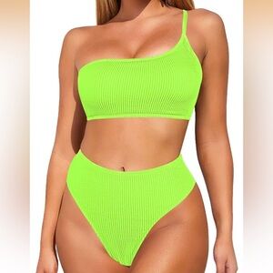 One-Shoulder Neon Green Ribbed Bikini Set - Women Swim